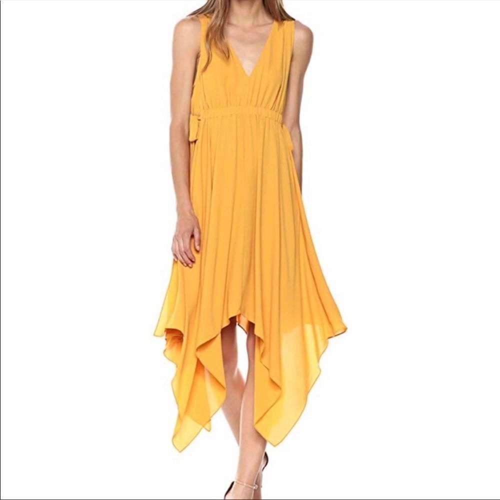 BCBGMAXAZRIA Boho Sleeveless Asymmetrical Handkerchief Dress Golden Yellow XS